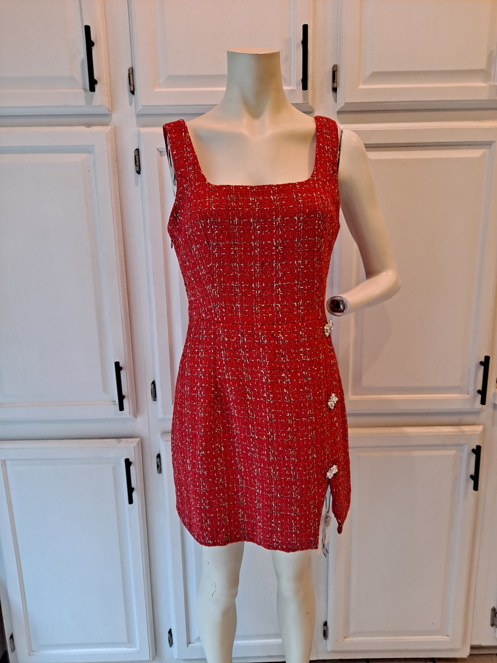 Cider Red Black Silver Tweed Square-Neck Mini Dress Decorative Button Accents